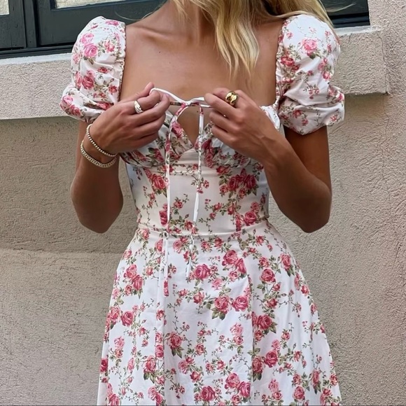 Moon River Pink Floral Midi Dress puff sleeve - Picture 3 of 15